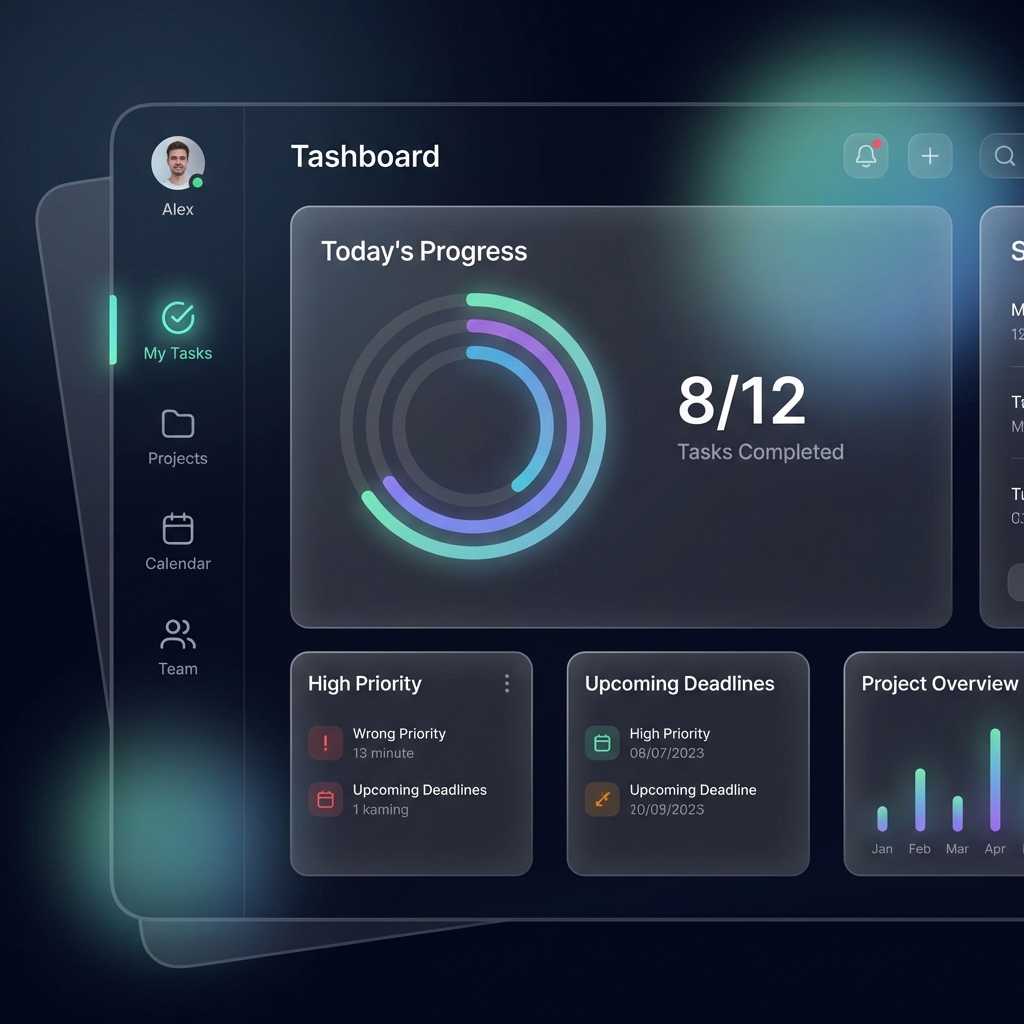 Screenshot of Tashboard - a task management application with a glassmorphism design